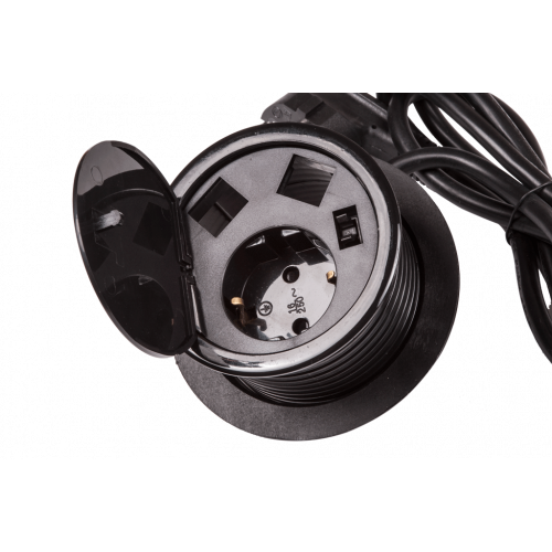 Лючок в стол на два кейстоуна + одна розетка со шнуром 1.8м, черный